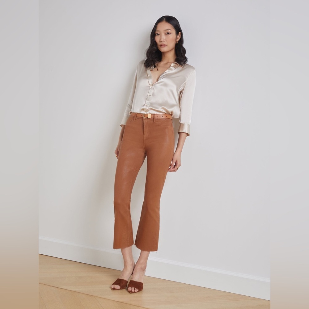 L’AGENCE Jeans Kendra Coated Cropped Flare Java Tan Denim Women Size 25 NWOT NEW - Picture 2 of 12